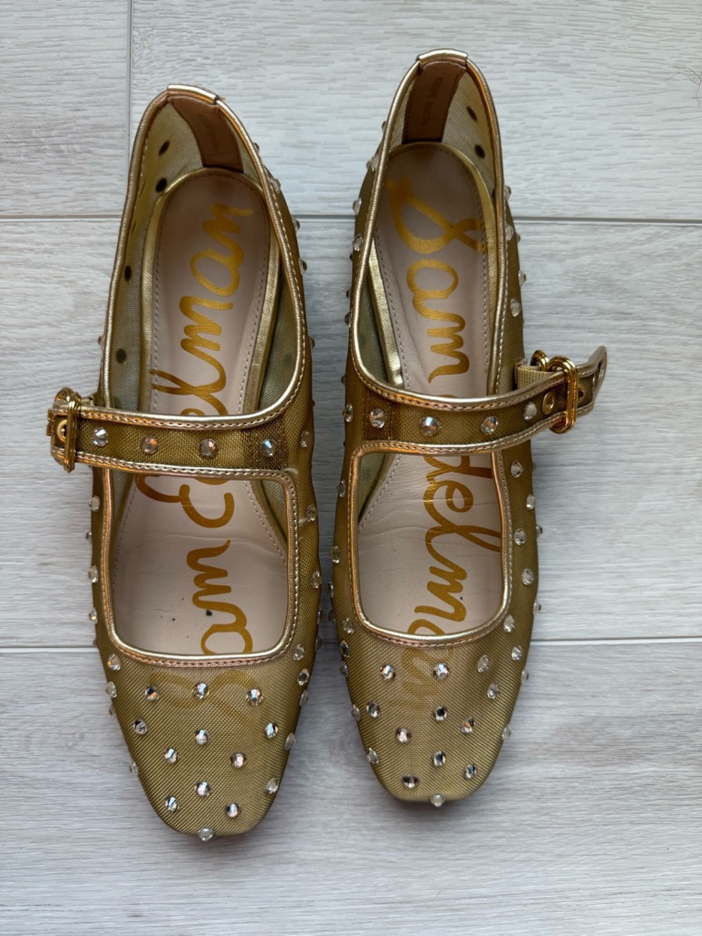 Sam Edelman Metallic Gold Mary Jane Flats with Rhinestones